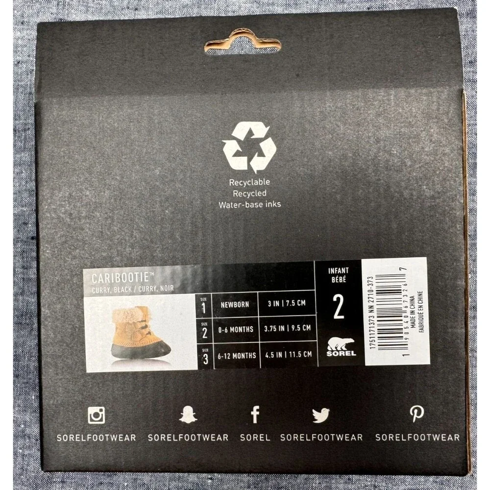 Sorel. Caribootie Infant Booties, Size 2 (0-6 months), Curry/Black, New in Box